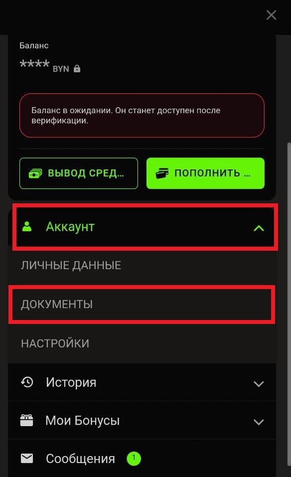 меню Аккаунт - Документы